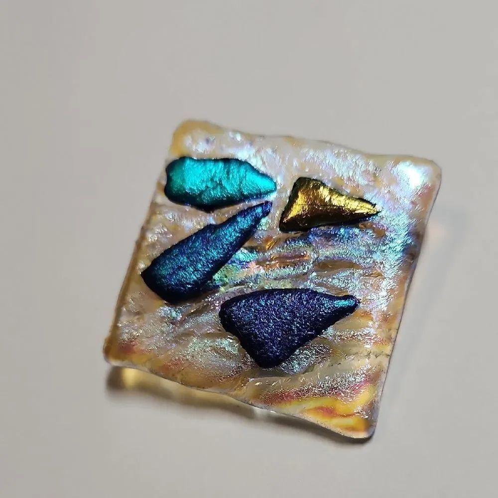 Iridescent Dichroic Glass Brooch with Blue and Gold Accents